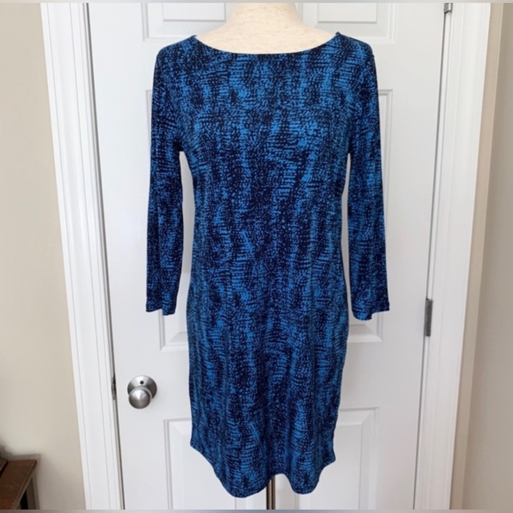 BCBGMaxAzria Blue Black Pattern 3/4 Sleeve Dress Size L